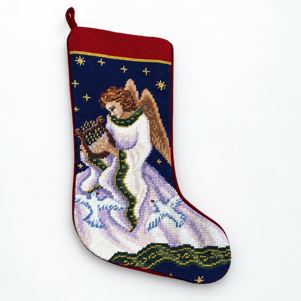 Vintage 1991 Imperial Elegance Angel Harp Needlepoint Christmas Stocking 16"
